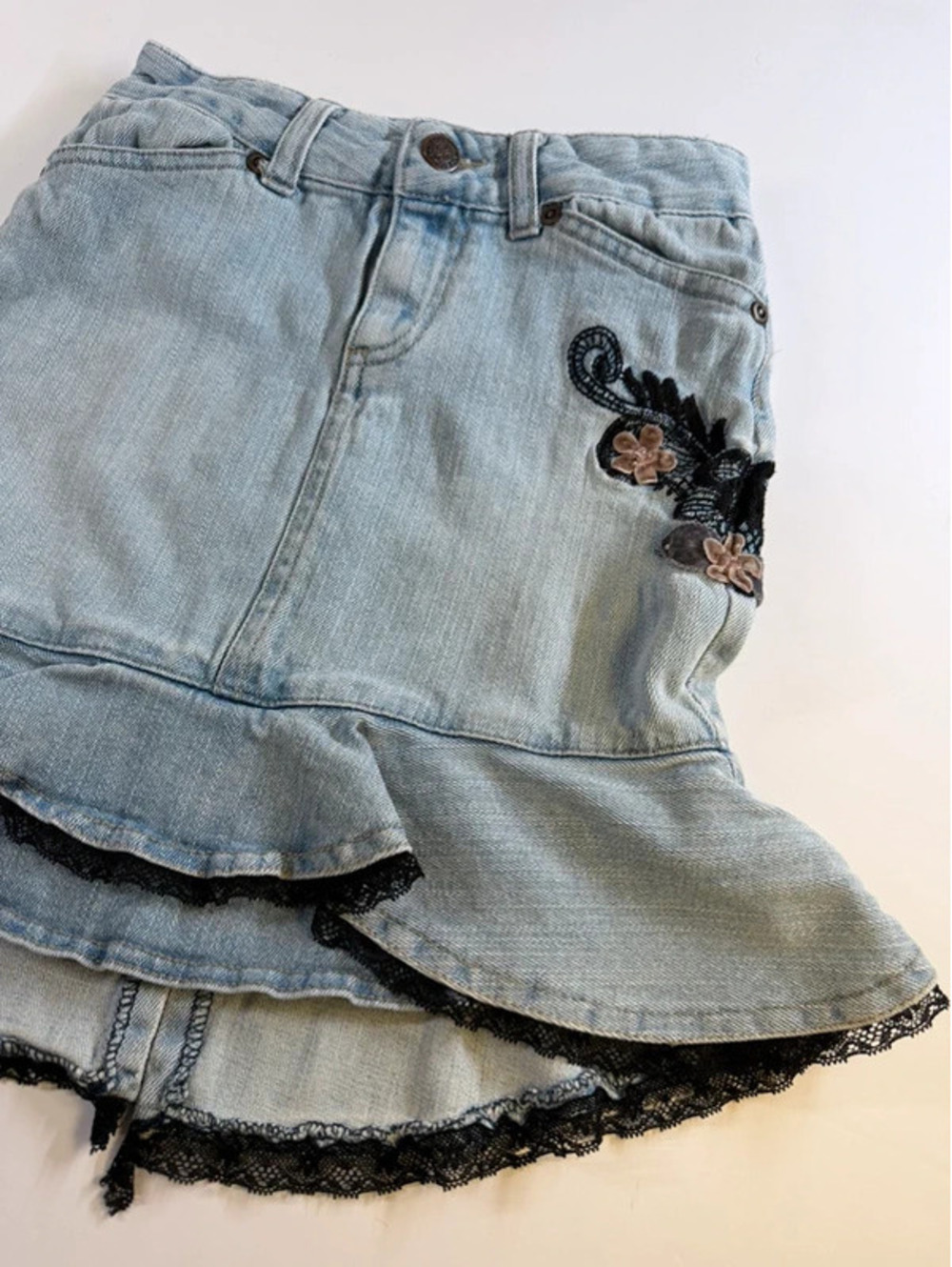 Vintage Mary-Kate and Ashley Girls Size 7 Denim Lace Ruffle Skirt Y2K